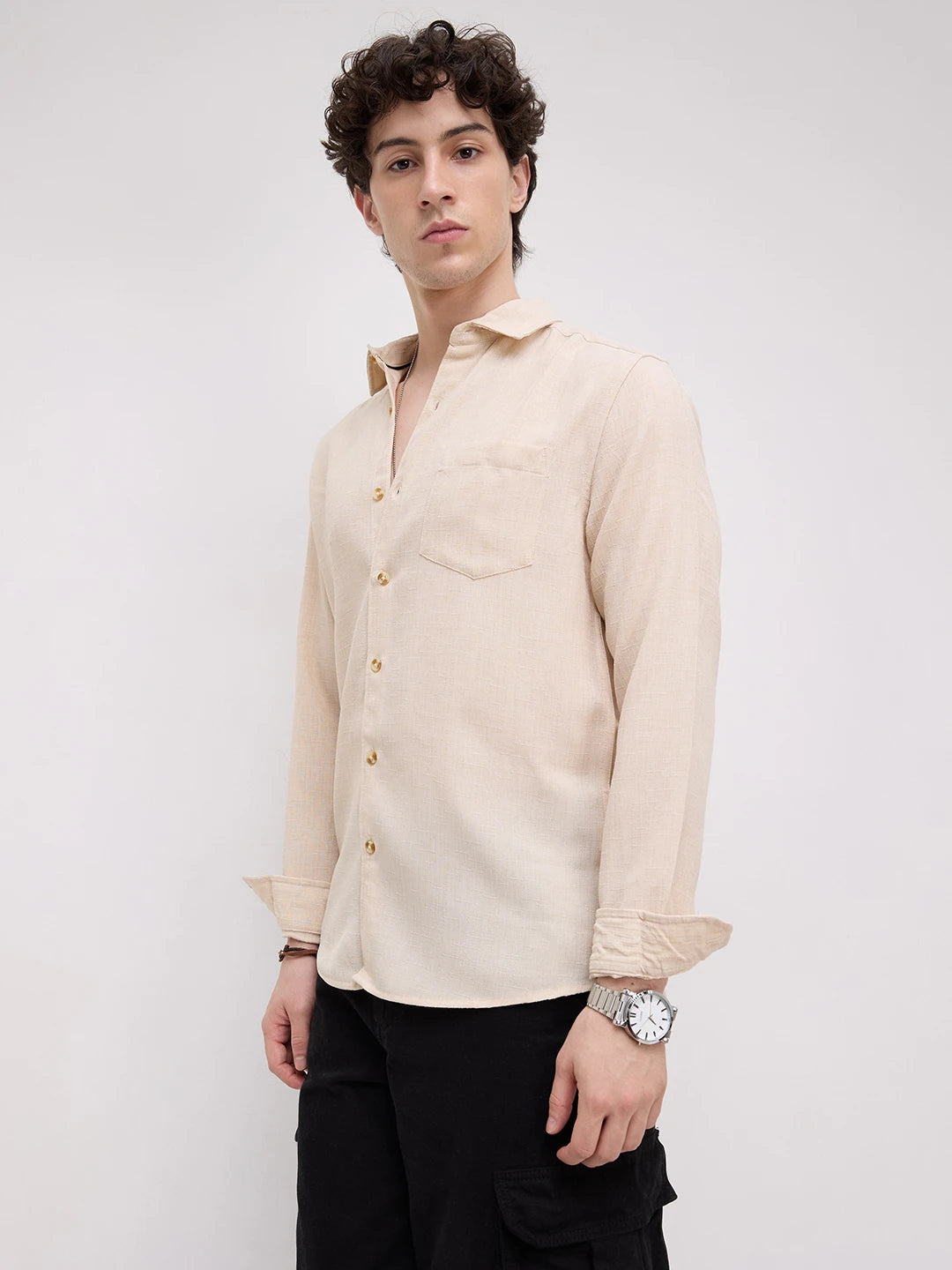 Elegant Cream Slub Textured Shirt