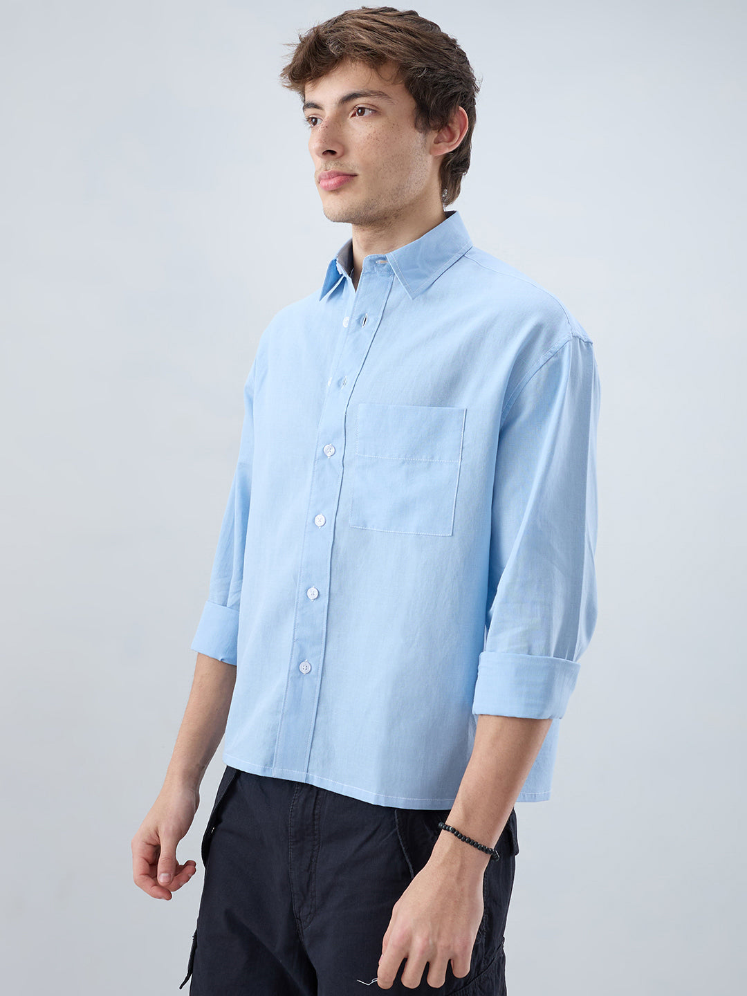 Luxe Blue Fine Sheer Linen Blend Boxy Fit Crop Shirt