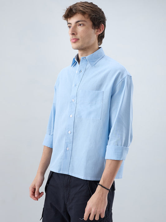 Luxe Blue Fine Sheer Linen Blend Boxy Fit Crop Shirt