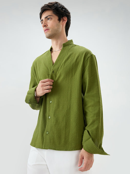 Basil Green Seersucker Striped Stand Collar Oversized Shirt