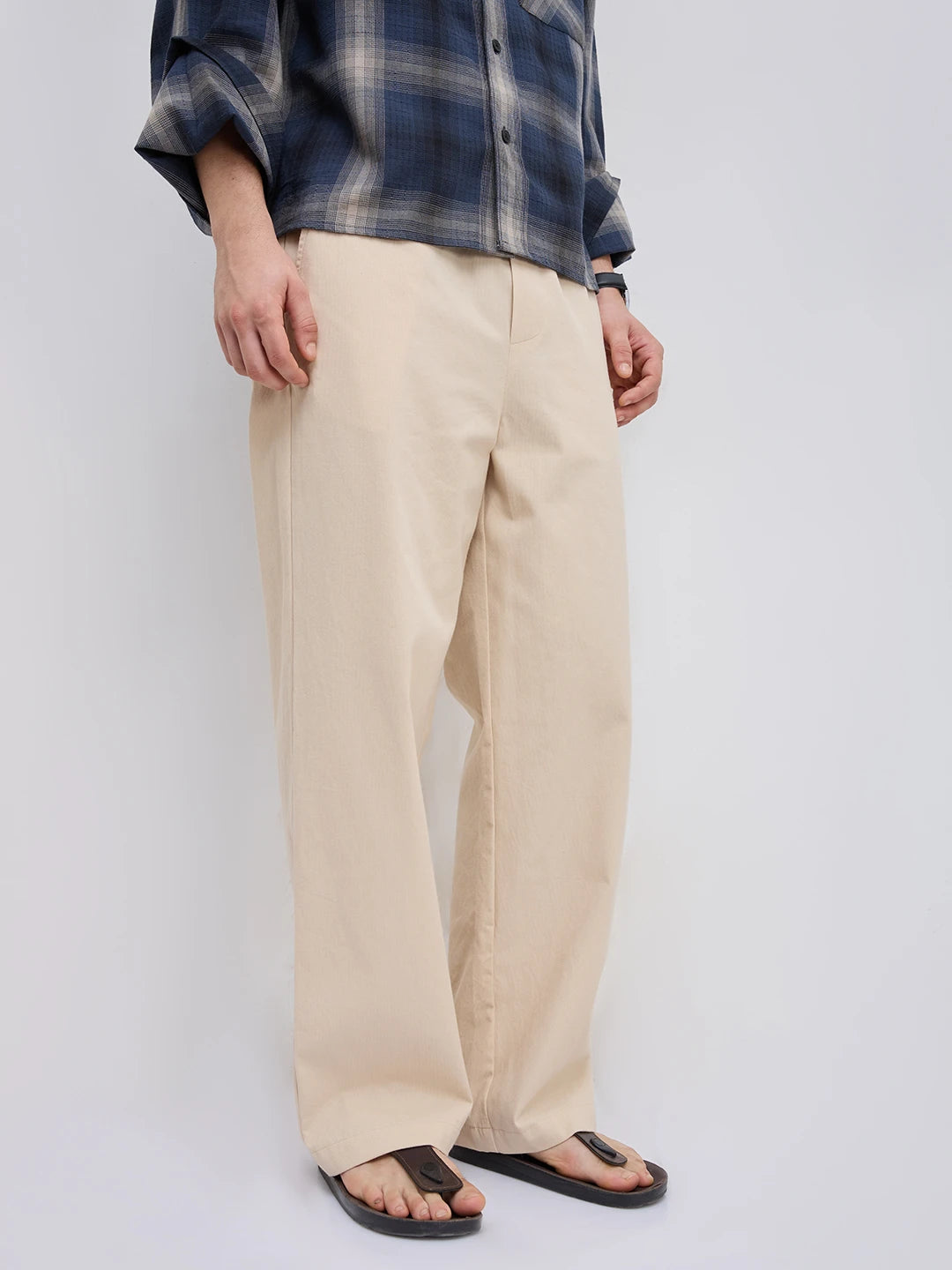 Solid Beige Cord Straight Fit Trousers