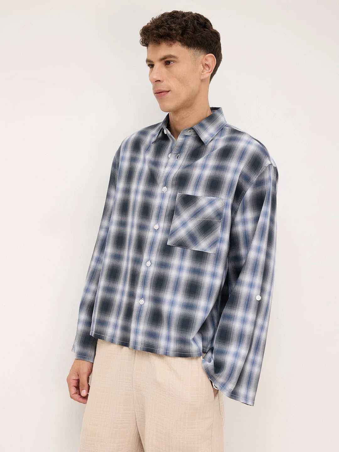 Opulent Slate Blue Plaid Checks Cuffless Boxy Fit Crop Shirt