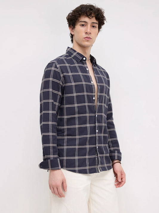 Navy Dimensional Contrast Windowpane Checks Shirt
