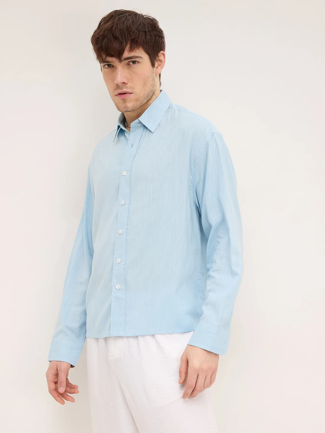Arctic Blue Fine Textured Boxy Fit Crop Shirt