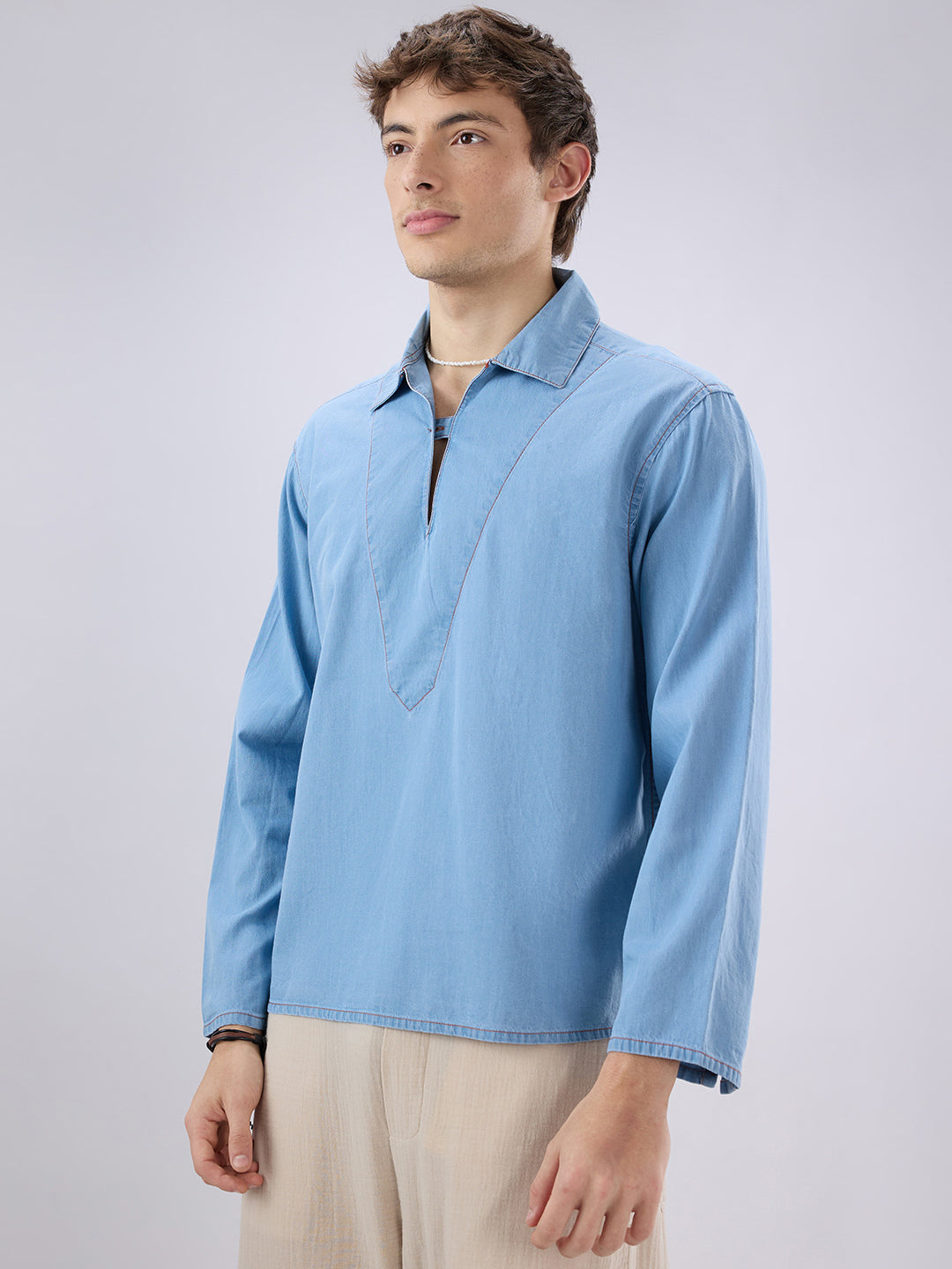 Blue Breeze Soft-Denim Cuffless Oversized Shirt