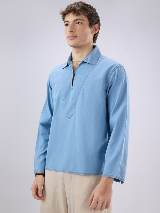 Blue Breeze Soft-Denim Cuffless Oversized Shirt