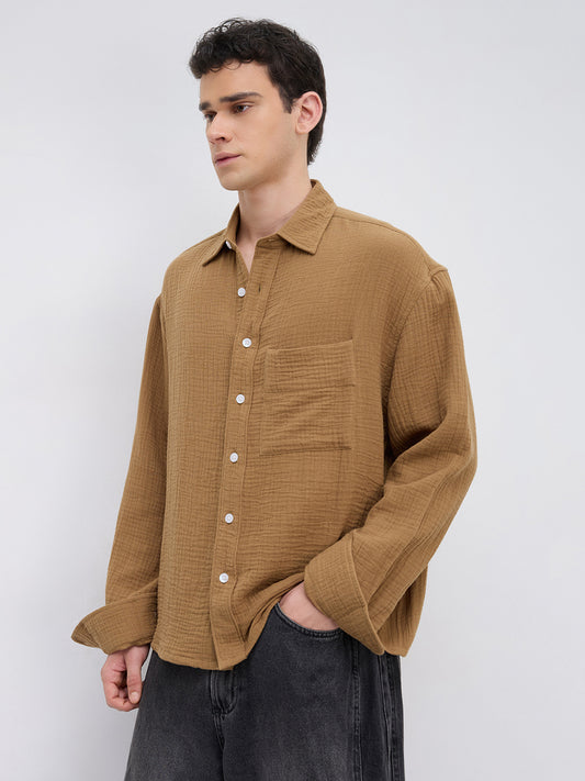 Timeless Tan Brown Double Cloth Boxy Fit Crop Shirt