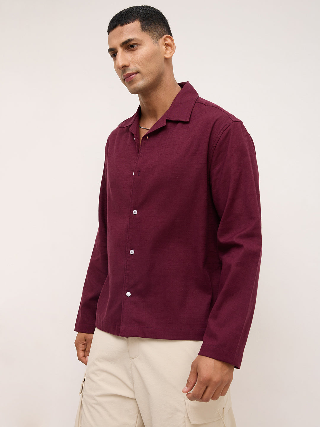 Maroon Fine Sheer Slub Textured Oversized Resort Collar Shirt