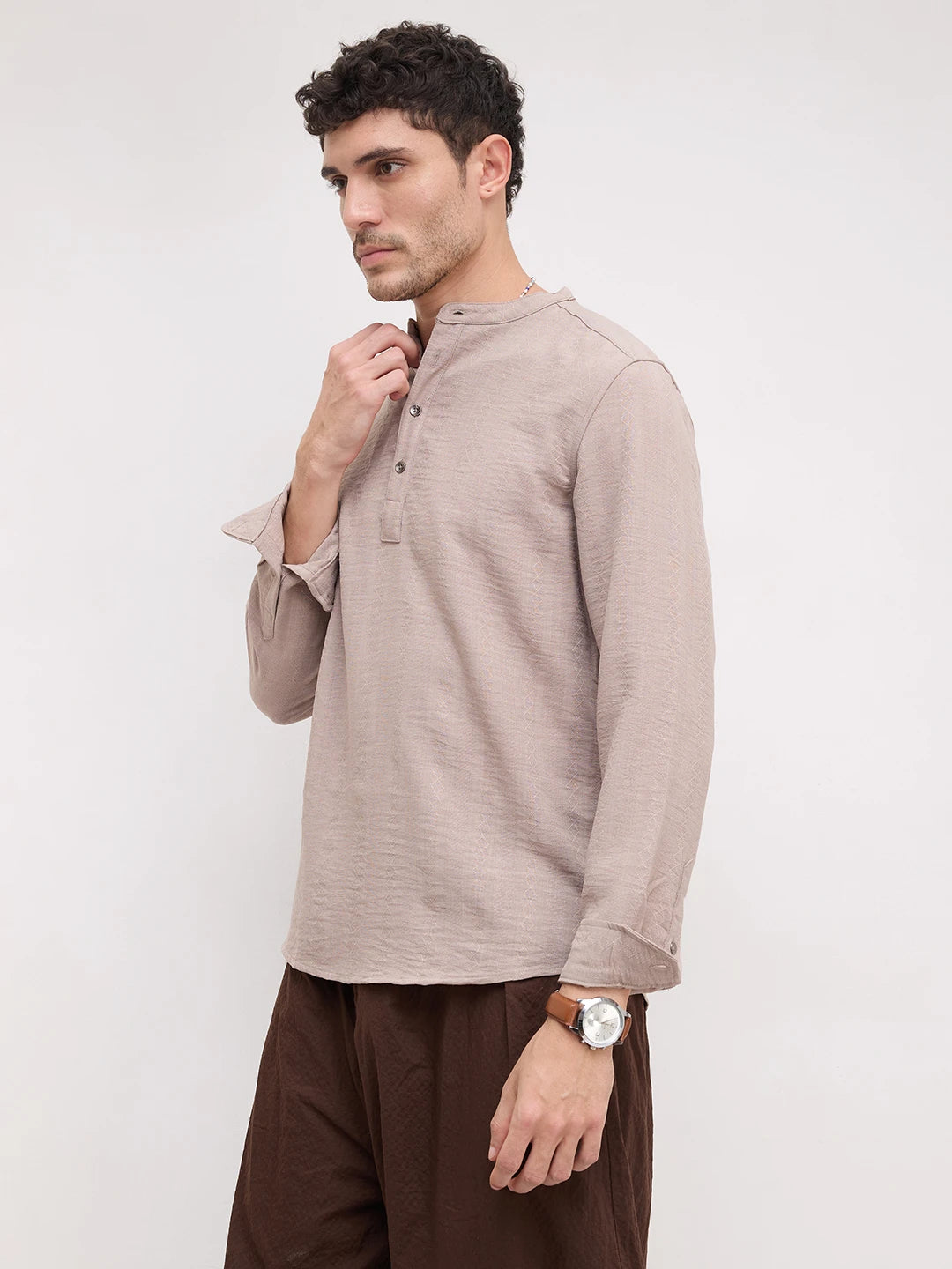 Taupe Lozenge Weave Striped Kurta