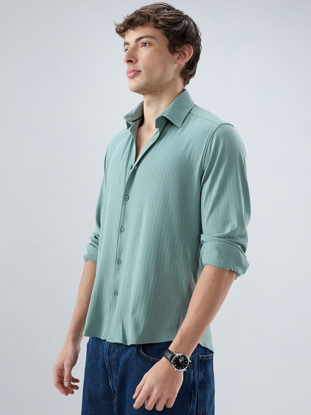 Sea Green Fine Vertical Ribbed Knitted Shirt
