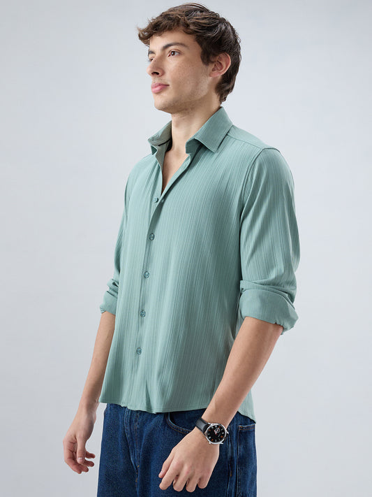 Sea Green Fine Vertical Ribbed Knitted Shirt