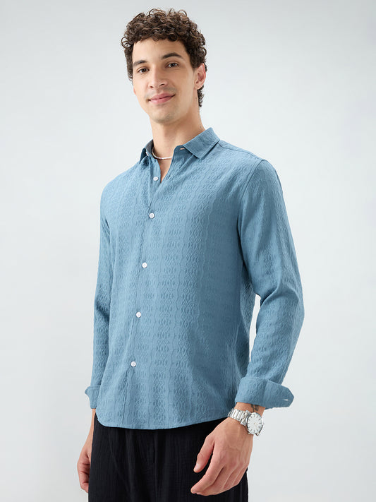 Ocean Teal Motif Raised Textured Crinkled Shirt