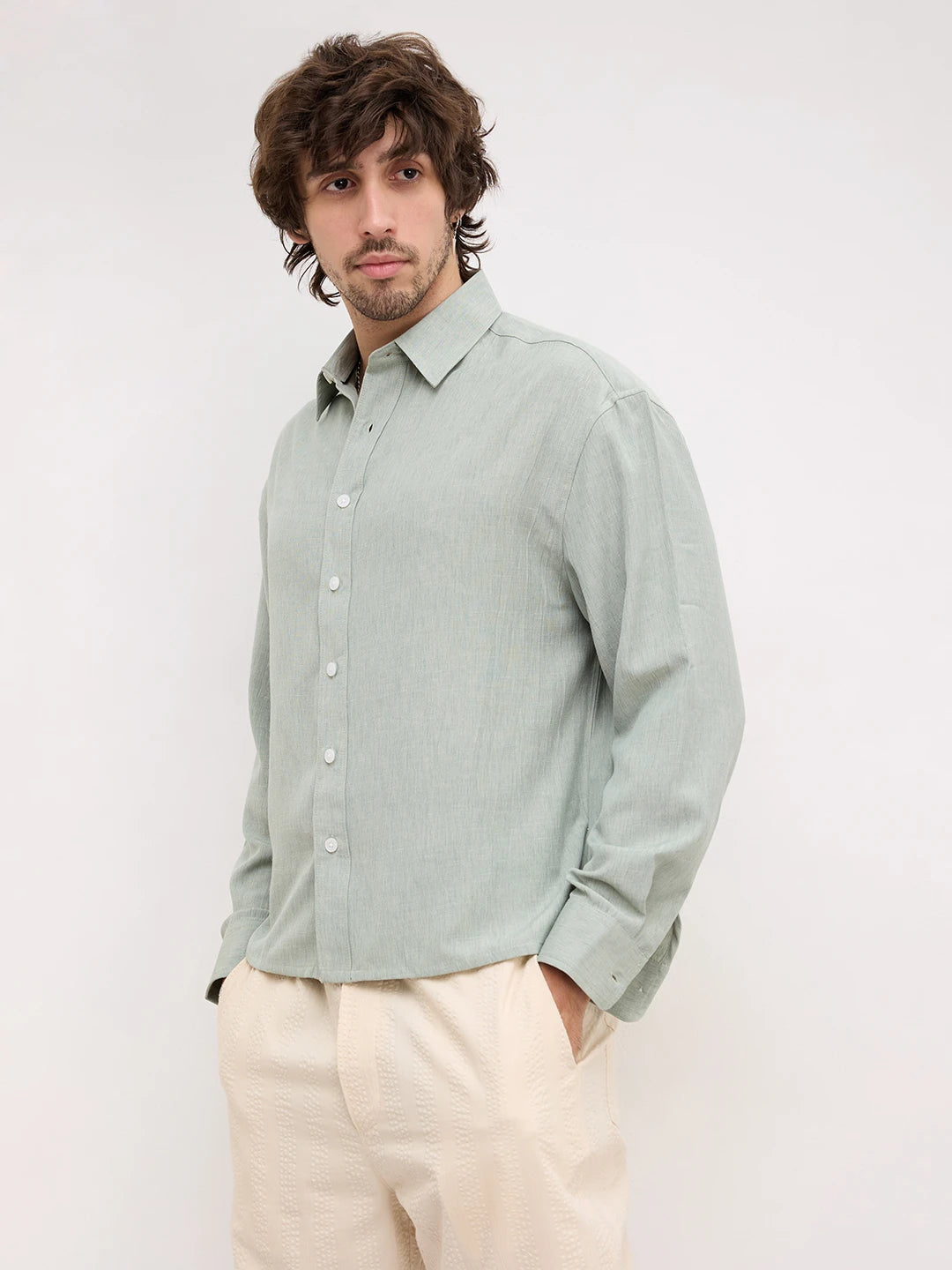Serene Sage Green Finegrain Weave Boxy Fit Crop Shirt