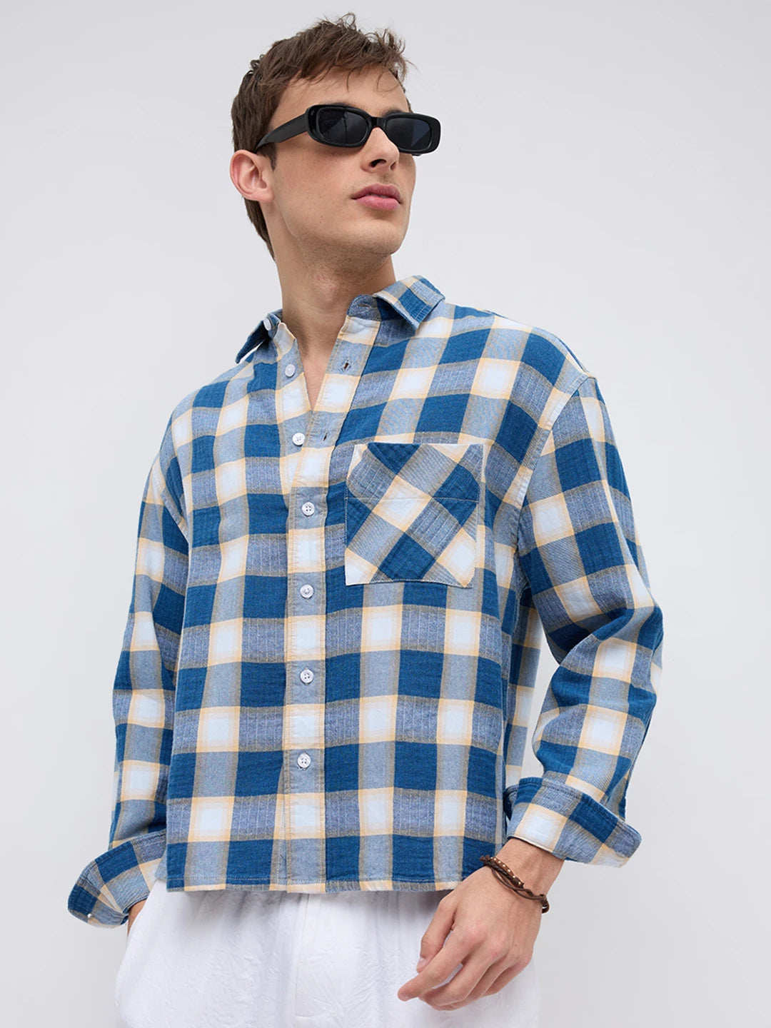 Denim Blue & Beige Box Checks Boxy Fit Crop Shirt