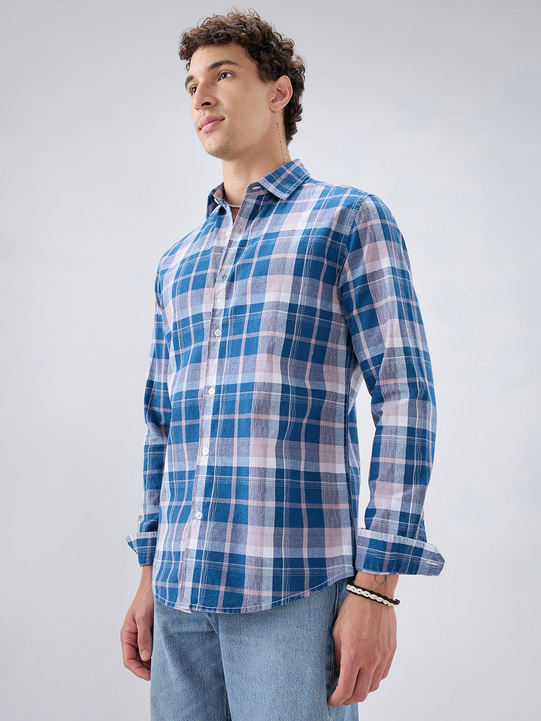 Denim Blue & Peach Multi Line Block Checks Shirt
