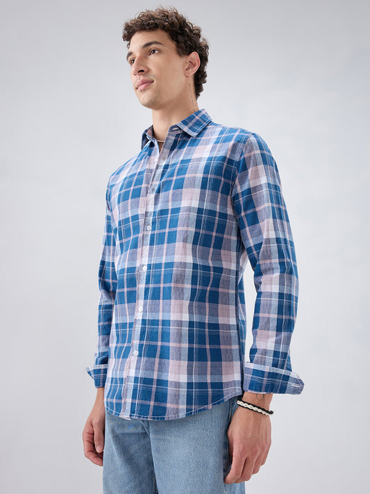 Denim Blue & Peach Multi Line Block Checks Shirt