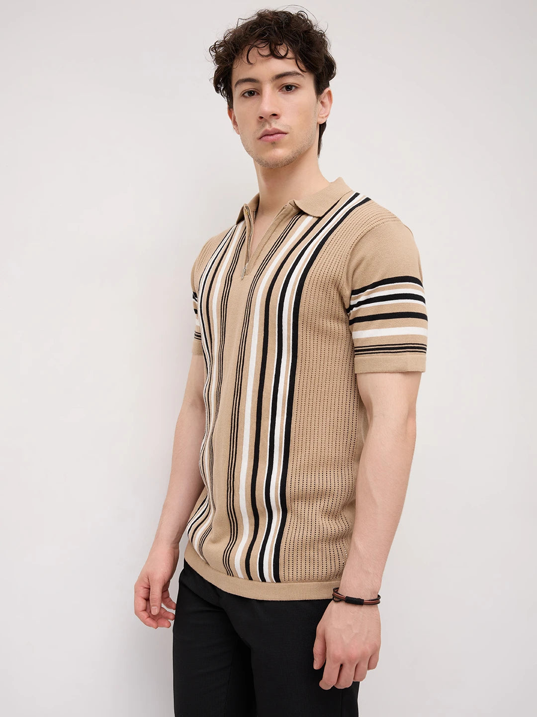 Beige Vertical Striped Flat Knit Zip Polo T-Shirt