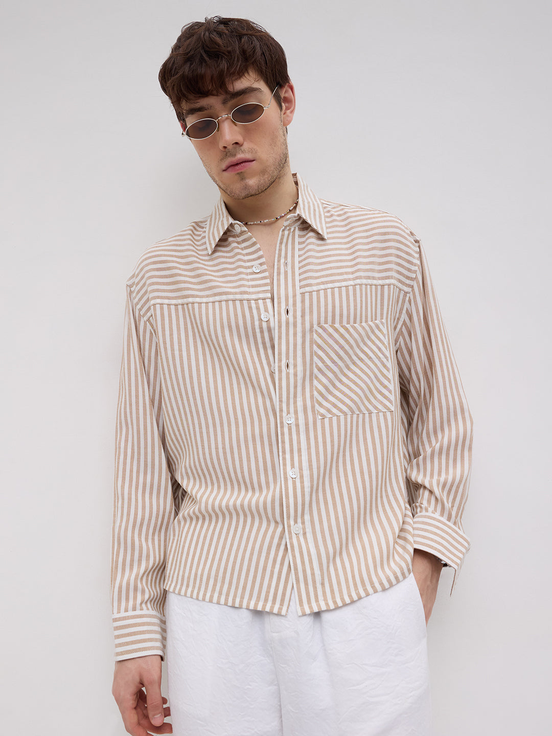 Timeless Khaki Striped Boxy Fit Crop Shirt