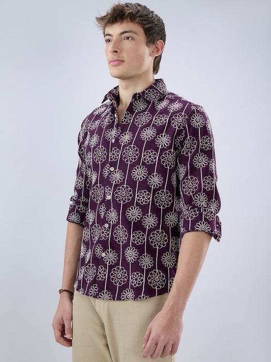 Wine Floral Embroidered Slub Shirt