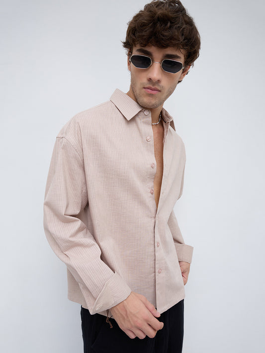 Natural Beige Sheer Fine Weave Boxy Fit Crop Shirt