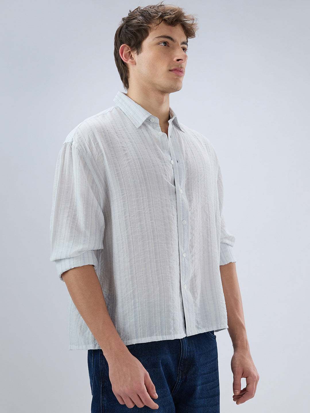 Elegant Cloud Grey Airstripe Crinkled Boxy Fit Crop Shirt