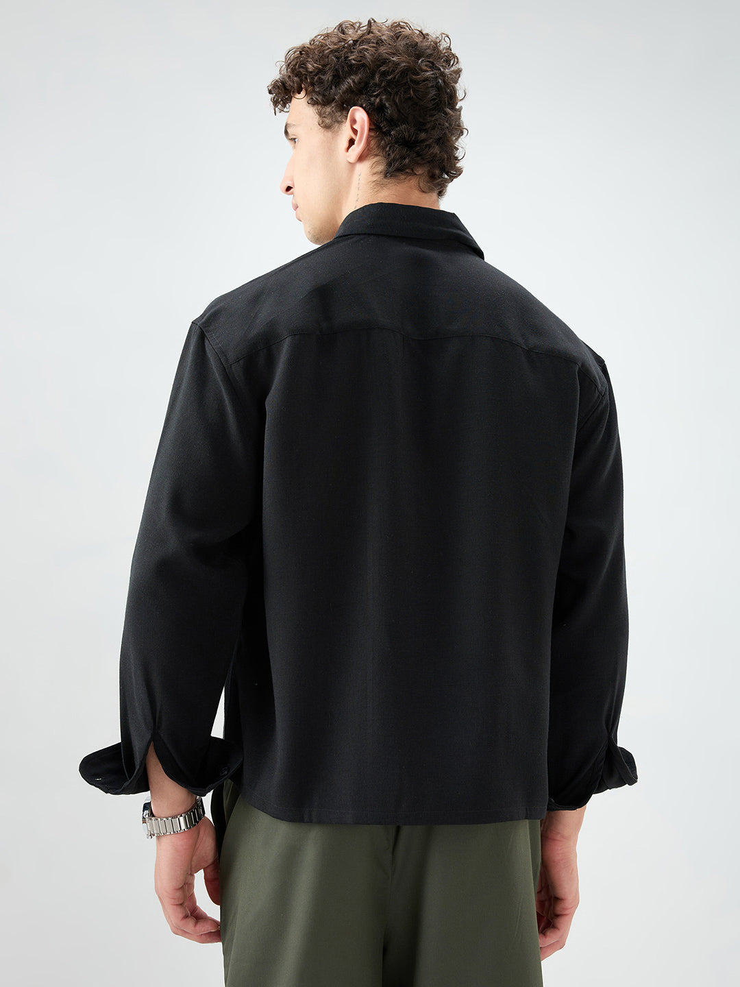 Pure Black Smooth Weave Boxy Fit Crop Shirt