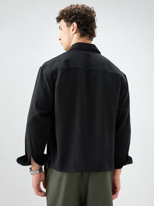 Pure Black Smooth Weave Boxy Fit Crop Shirt