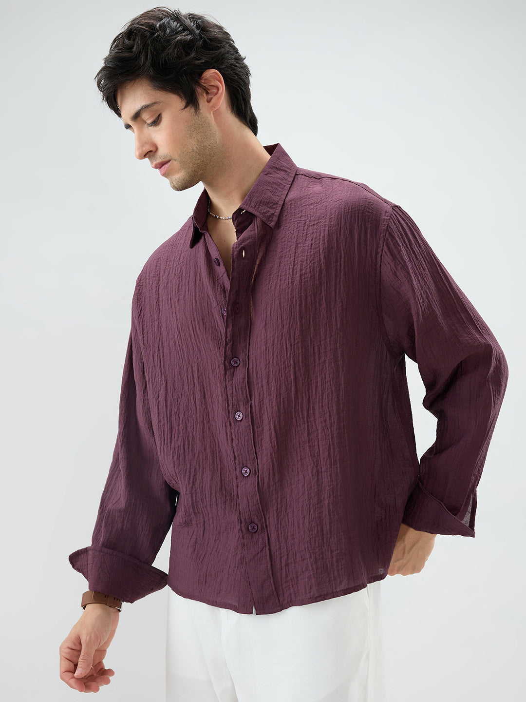 Solid Wine Sheer Crepe Boxy Fit Crop Shirt