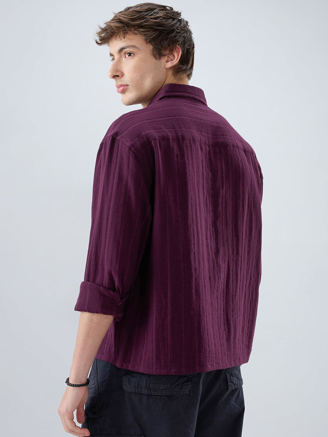 Elegant Wine Double Cloth Seersucker Striped Boxy Fit Crop Shirt