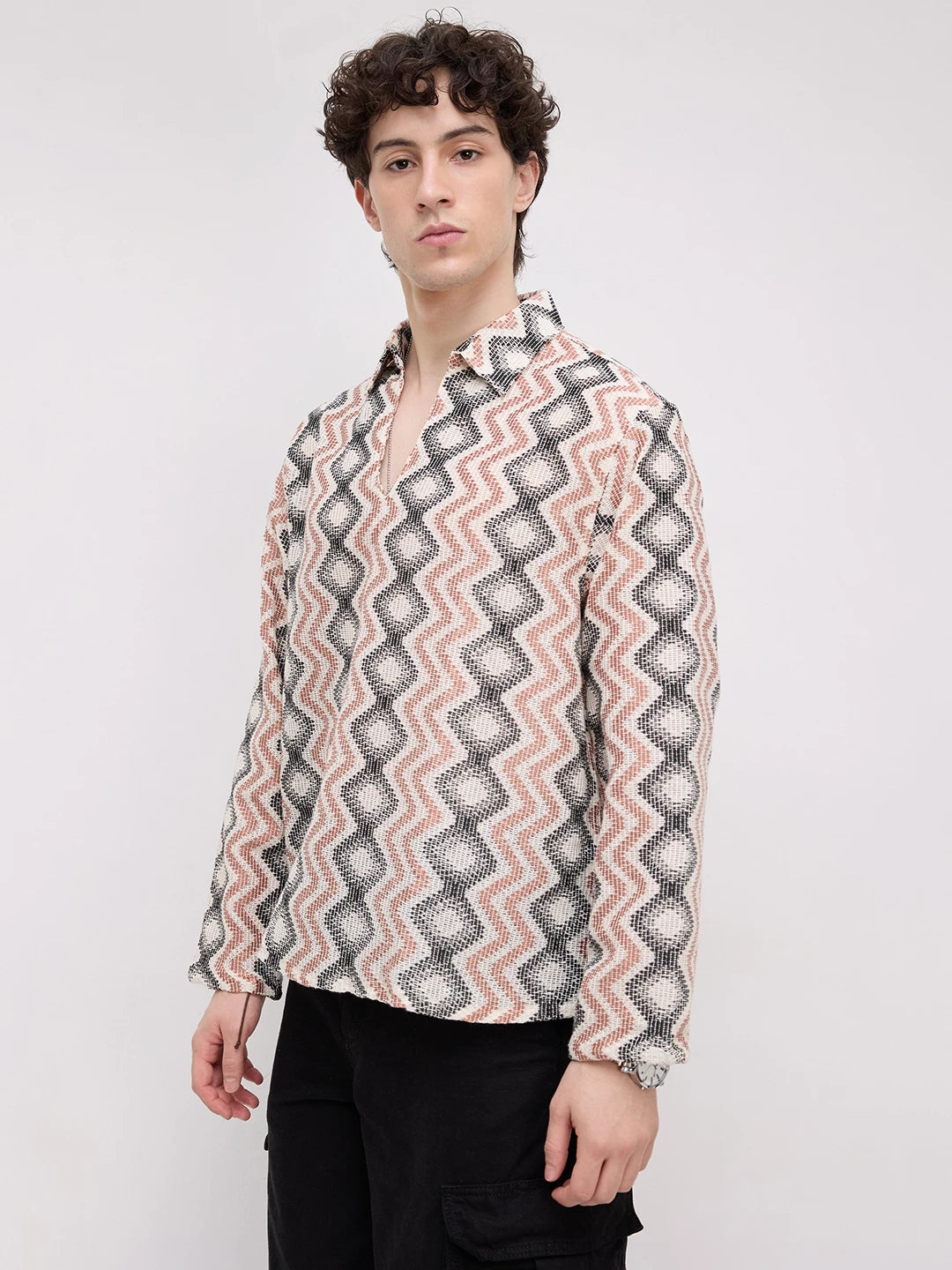 Retro Drift Chevron Striped Crochet Polo Oversized Shirt