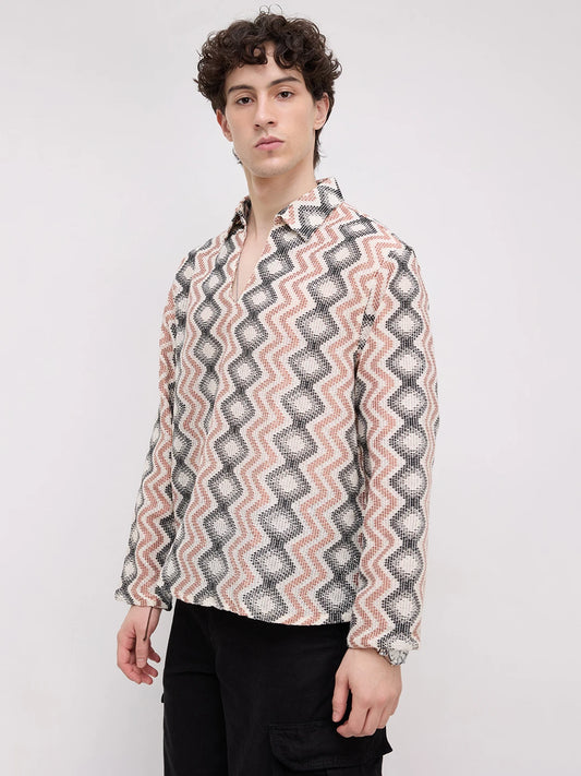 Retro Drift Chevron Striped Crochet Polo Oversized Shirt