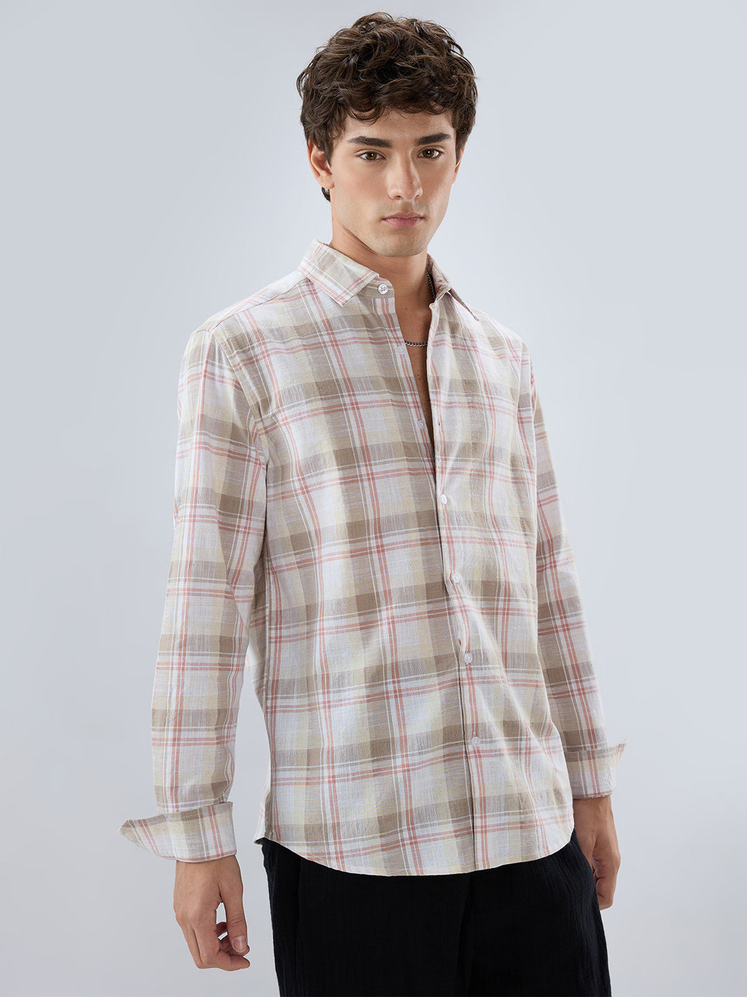 Pink & Brown Fine Weave Plaid Checks Shirt