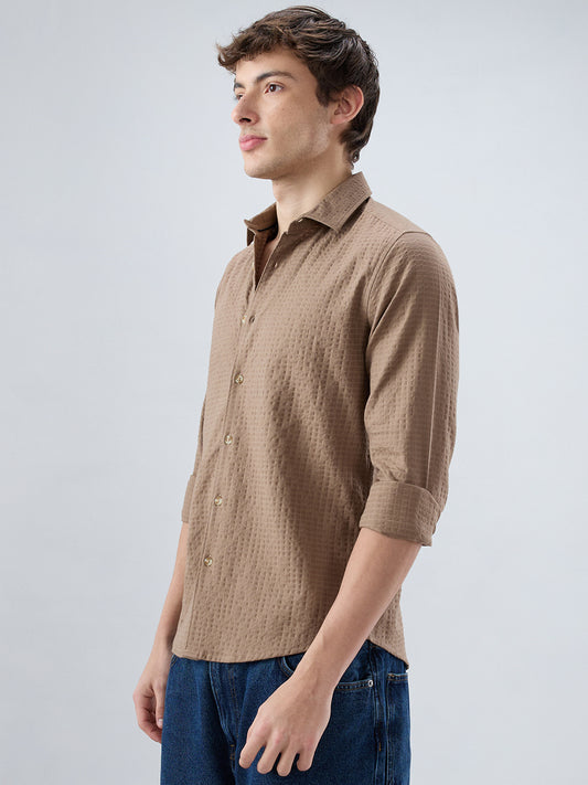 Mocha Brown Box Checks Embossed Double Cloth Shirt