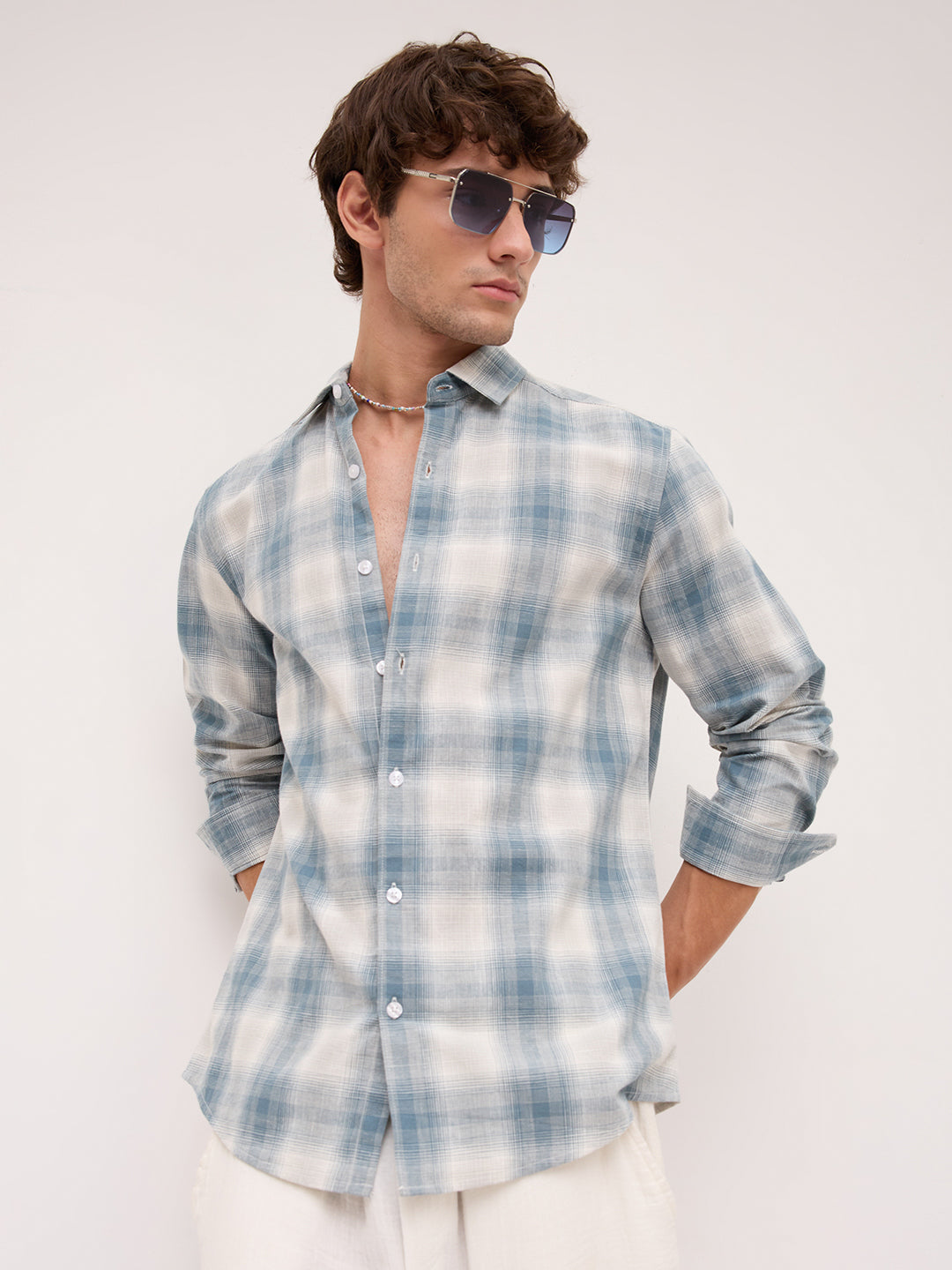 Premium Slate Blue & White Linen Blend Plaid Checks Shirt