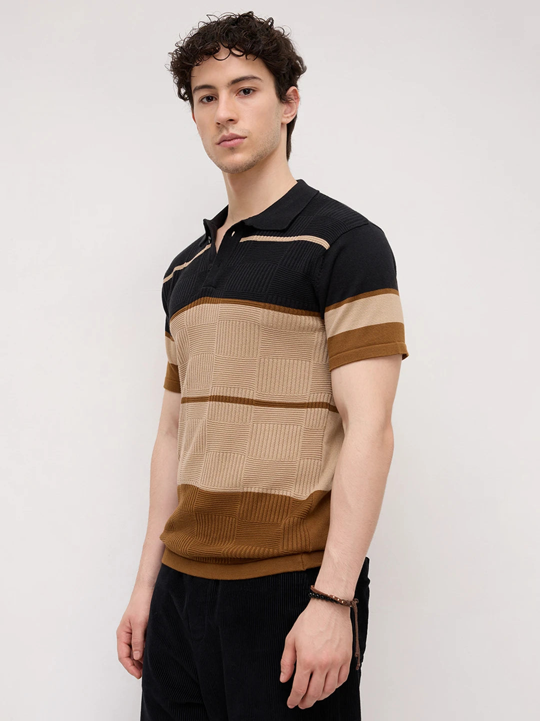 Sandstone Geometric Textured Knit Polo T-Shirt