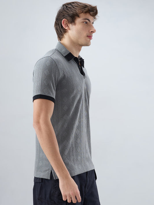 Zinc Grey Contrast Polo Neck Diamond Weave Knit T-shirt