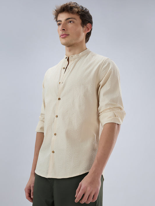 Bisque Beige Seersucker Striped Mandarin Shirt