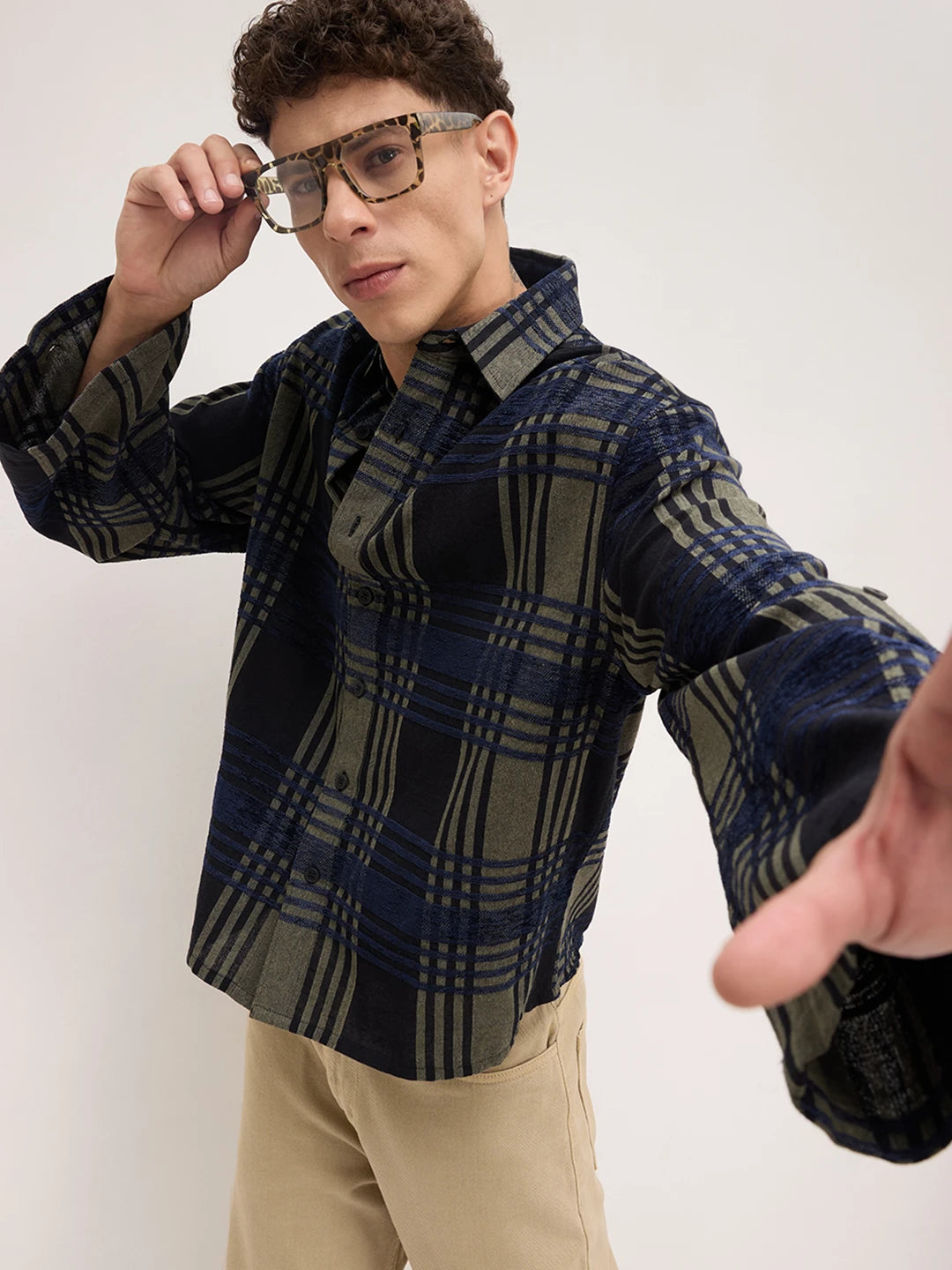 Olive & Navy Raised Plaid Checks Cuffless Oversized Crop Shirt