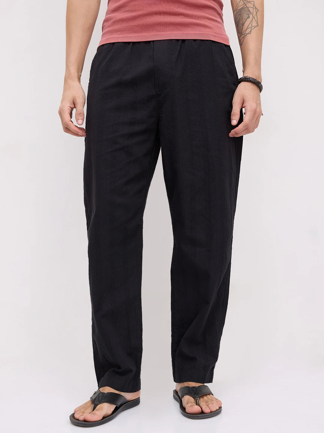 Minimal Black Seersucker Tapered Trousers