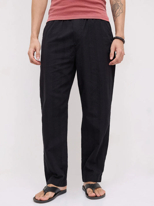 Minimal Black Seersucker Tapered Trousers