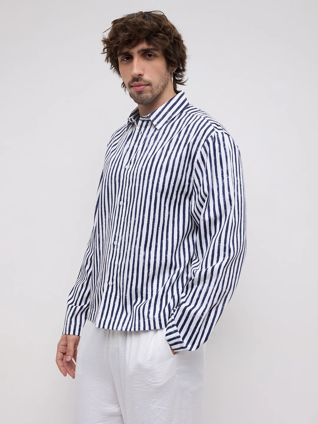 Navy Brushed Striped Weekend Escape Cuffless Oversized Shirt