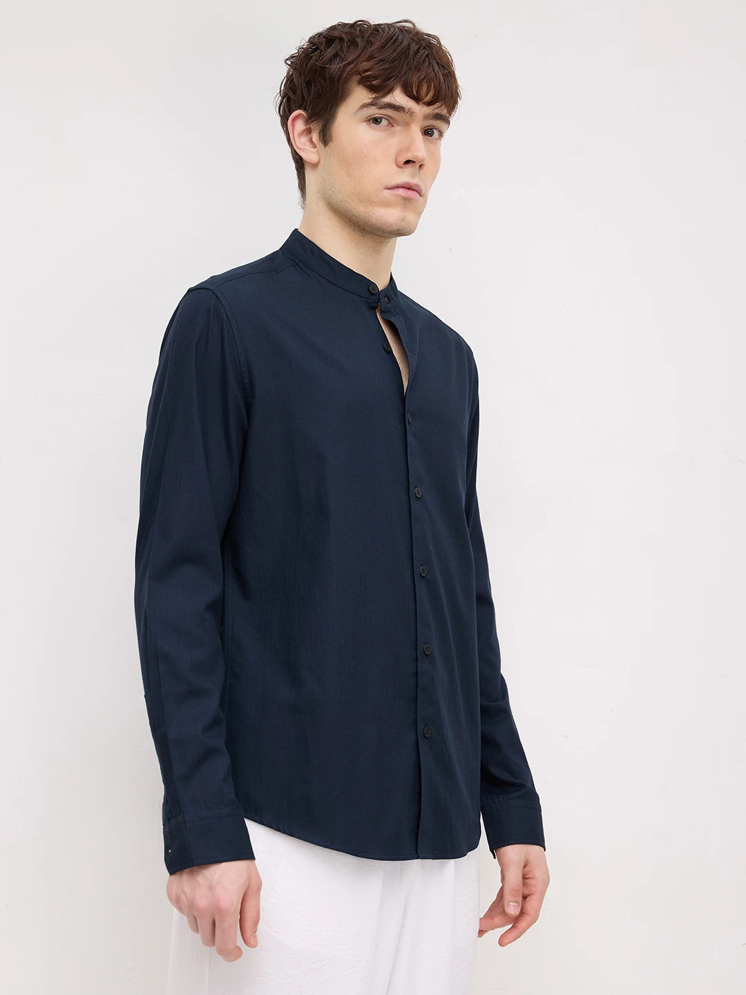 Classic Navy Herringbone Textured Mandarin Shirt