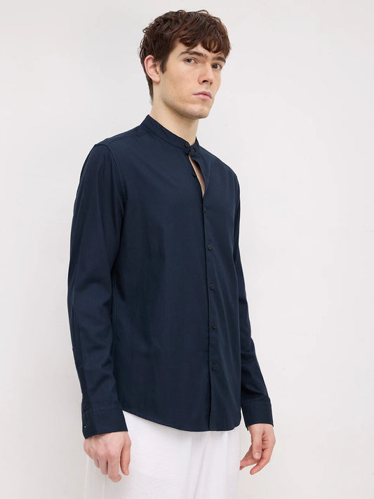 Classic Navy Herringbone Textured Mandarin Shirt