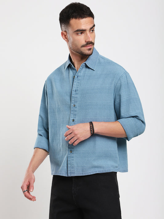 Denim Blue Crosshatch Textured  Boxy Fit Crop Shirt