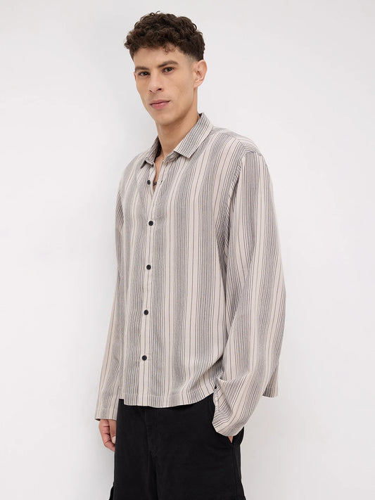 Soft Taupe Beige Striped Cuffless Oversized Shirt