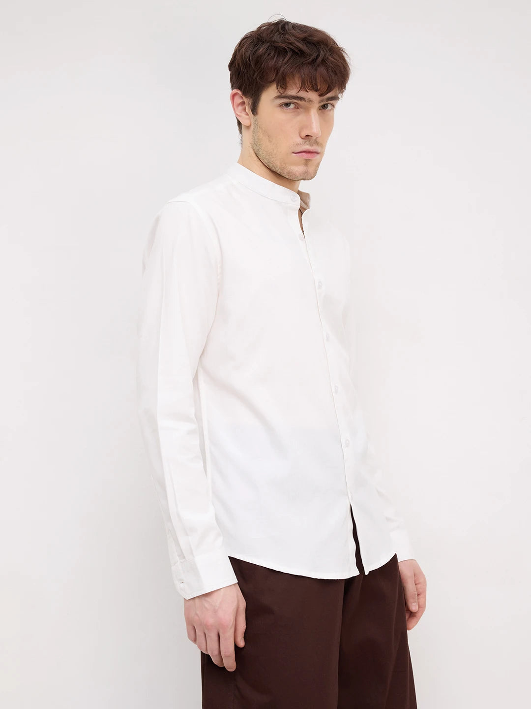 Snow White Herringbone Textured Mandarin Shirt