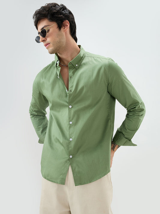 Forest Sheen Luxe Satin Button-down Collar Shirt