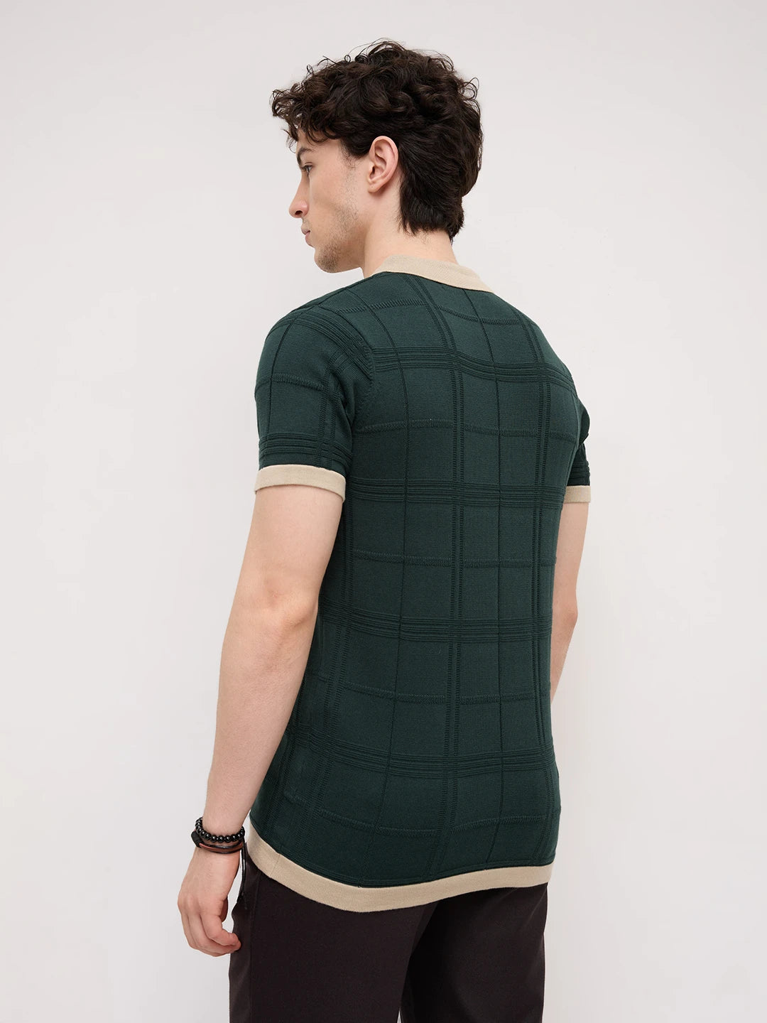 Emerald Green Windowpane Textured Contrast Polo Flat Knit T-Shirt