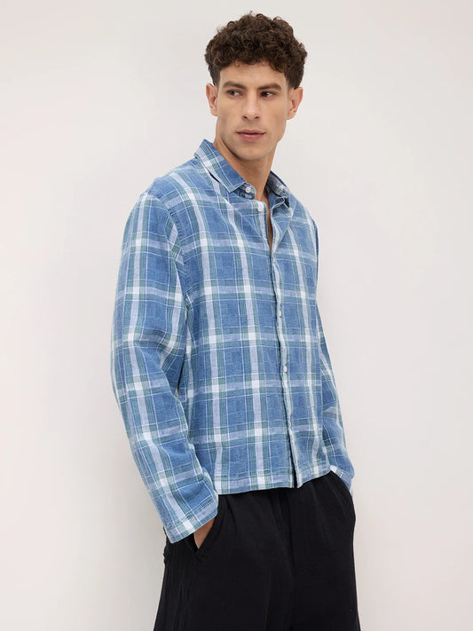Timeless Denim Plaid Checks Cuffless Oversized Shirt