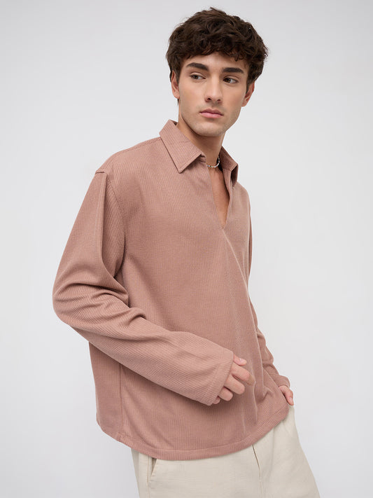 Soft Brown Micro Weave Knitted Oversized Polo Shirt